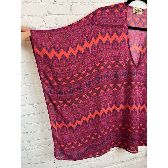 SHOW ME YOUR MUMU orange pink red semi-sheer oversized V-neck blouse top M - Picture 4 of 6